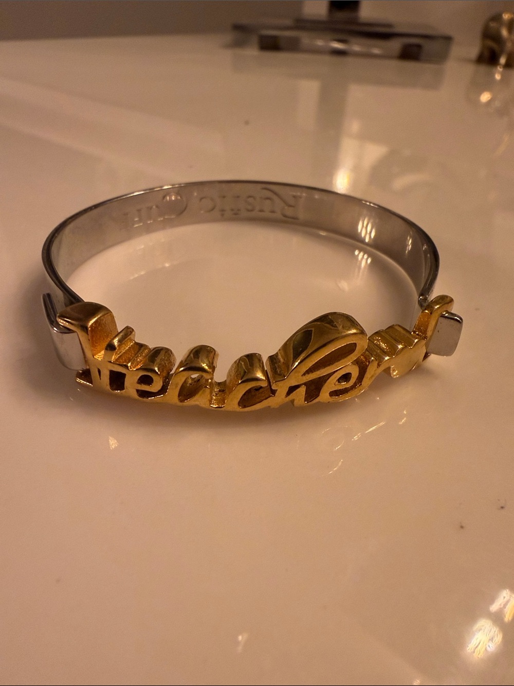 Rustic Cuff Two-Tone Gold Script Nameplate Bracelet